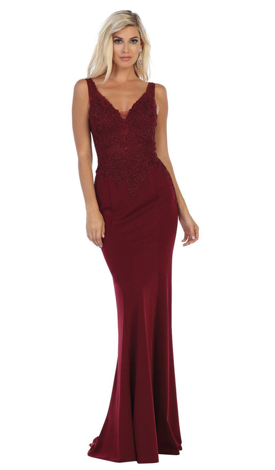 May Queen - MQ1674 Embroidered Plunging V-neck Trumpet Dress In Red