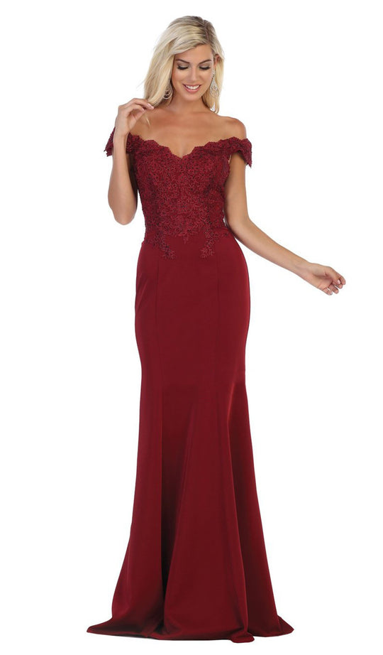 May Queen - MQ1675 Embellished Plunging Off-Shoulder Trumpet Dress In Red