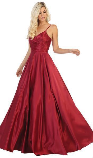 May Queen - Spaghetti Straps Corset Back Long Satin Gown MQ1678 In Red