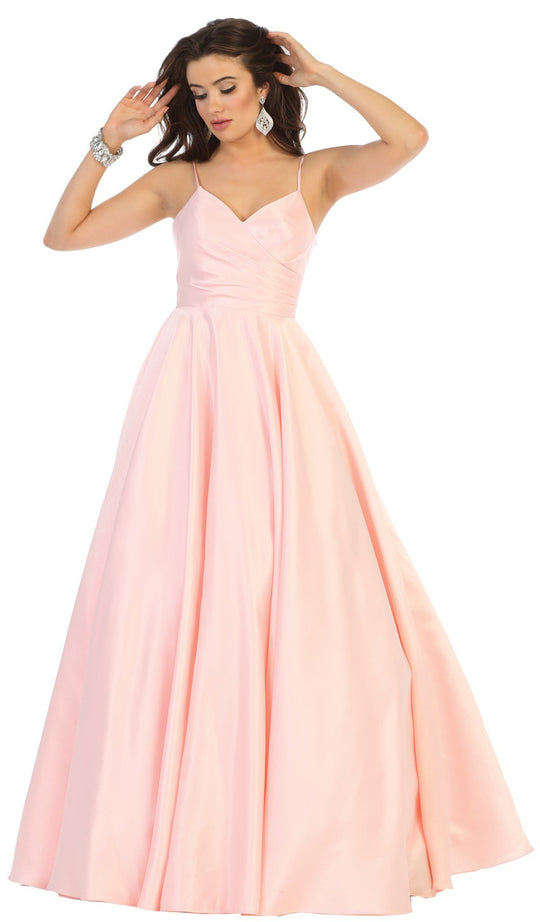 May Queen - MQ1678 Spaghetti Straps Corset Back Long Satin Gown In Pink
