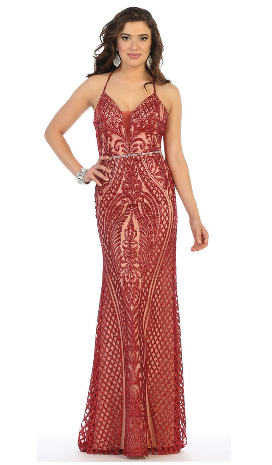 May Queen - MQ1680 Plunging Sweetheart Beaded Sheath Gown In Red and Nude