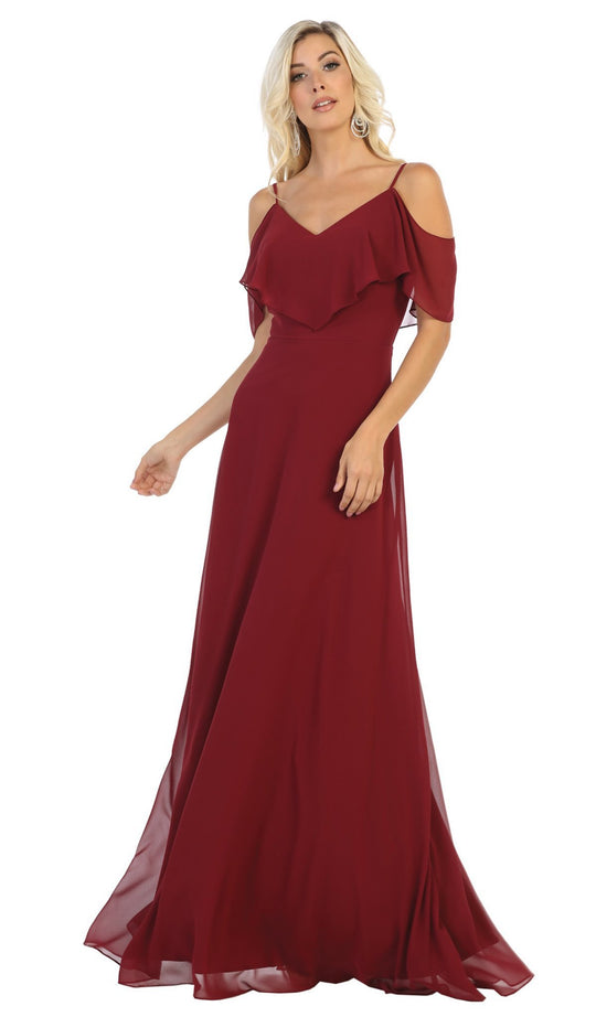 May Queen - MQ1686 Draping Off Shoulder Chiffon Long Dress In Red
