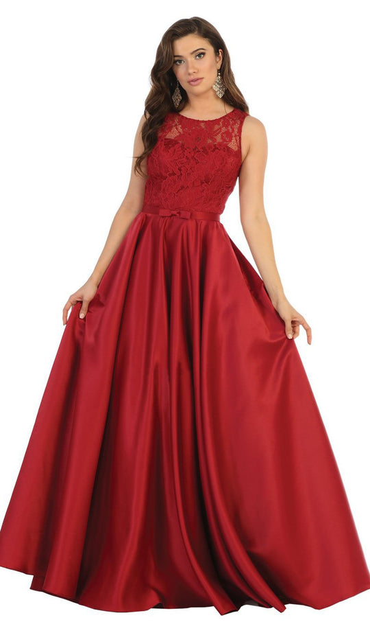 May Queen - MQ1688 Lovely Lace Tank Bow Accent Satin Long Dress In Red