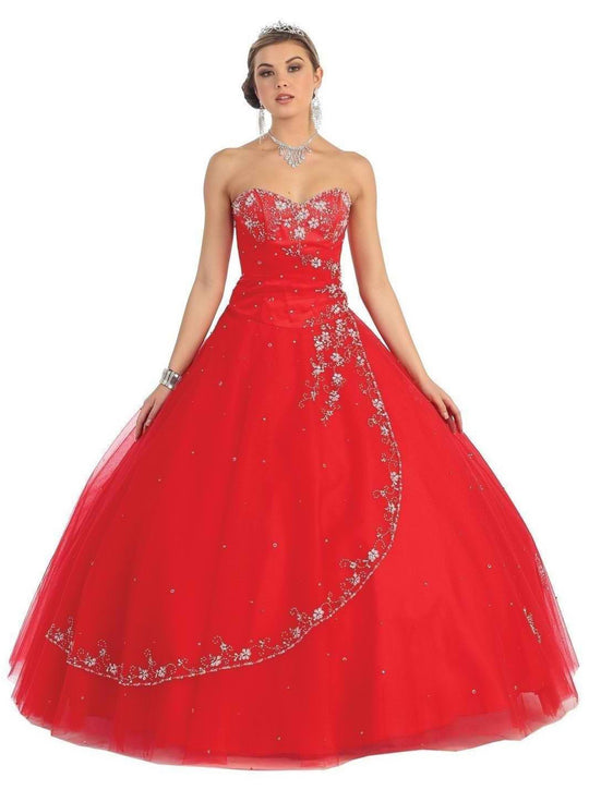 May Queen - Floral Jeweled Sweetheart Formal Ballgown in Red