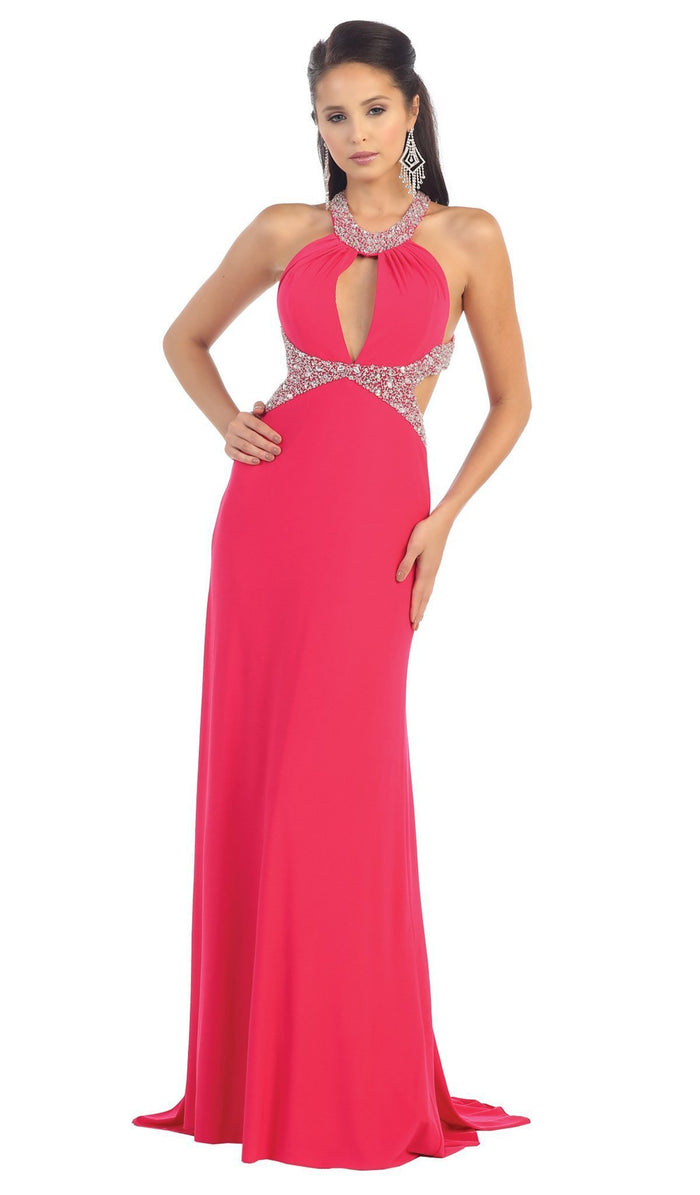 High Halter Keyhole Cutout Prom Gown