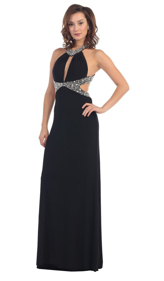 May Queen - High Halter Keyhole Cutout Prom Gown in Black