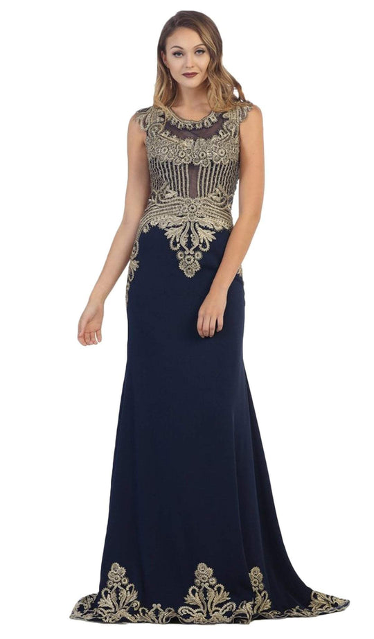 May Queen - RQ-7436 Gilded Sheer Jewel Sheath Evening Dress In Blue