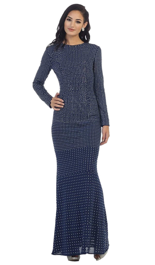 May Queen - RQ7439 Long Sleeve Open Back Evening Dress in Blue