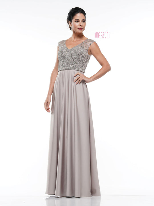 Marsoni By Colors - MV1002 Fully Beaded Top Faille A-Line Gown In Gray and Neutral