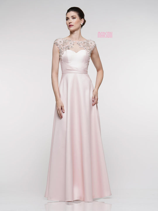 Marsoni By Colors - MV1005 Jewel Beaded Illusion Neckline Satin Gown in Pink