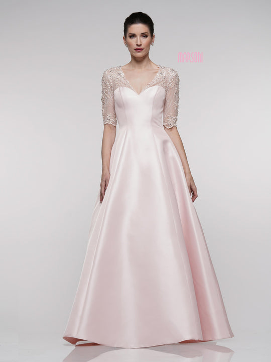 Marsoni By Colors - MV1006 Beaded Lace Sleeves A-Line Satin Gown In Pink