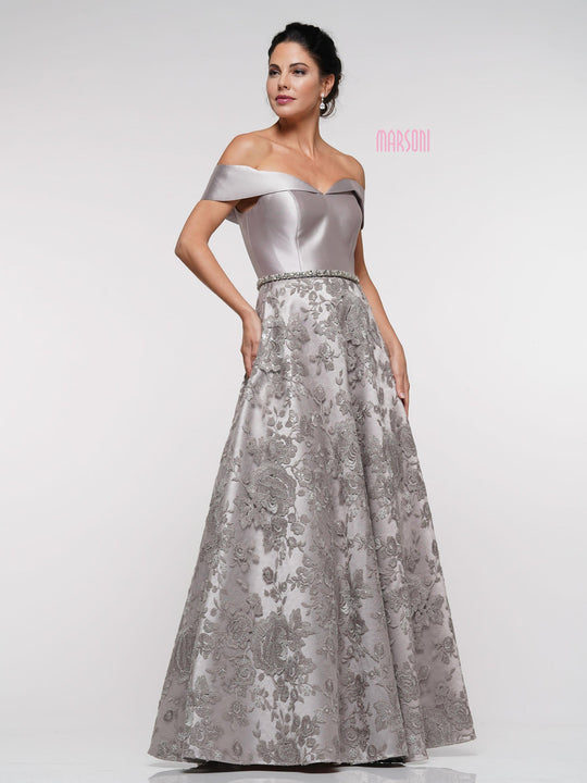 Marsoni By Colors - MV1013 Off-Shoulder Lace A-line Dress In Silver