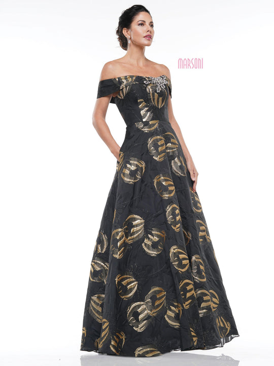 Marsoni By Colors - MV1014 Embellished Off-Shoulder Jacquard Ballgown In Black and Gold