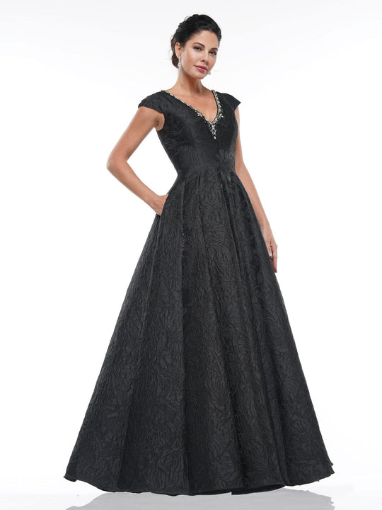 Marsoni By Colors - MV1015 Embellished V-neck Jacquard Ballgown In Black
