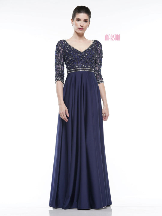 Marsoni By Colors - MV1016 Beaded V Neck A-Line Faille Gown In Blue