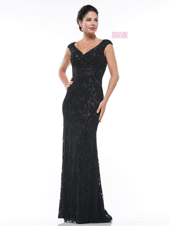 Marsoni By Colors - MV1019 Cap Sleeve Beaded Lace Sheath Gown In Black