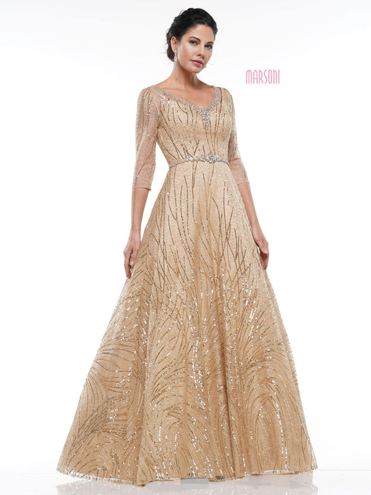 Marsoni By Colors - MV1020 Sequined Quarter Length Sleeve A-line Gown In Gold