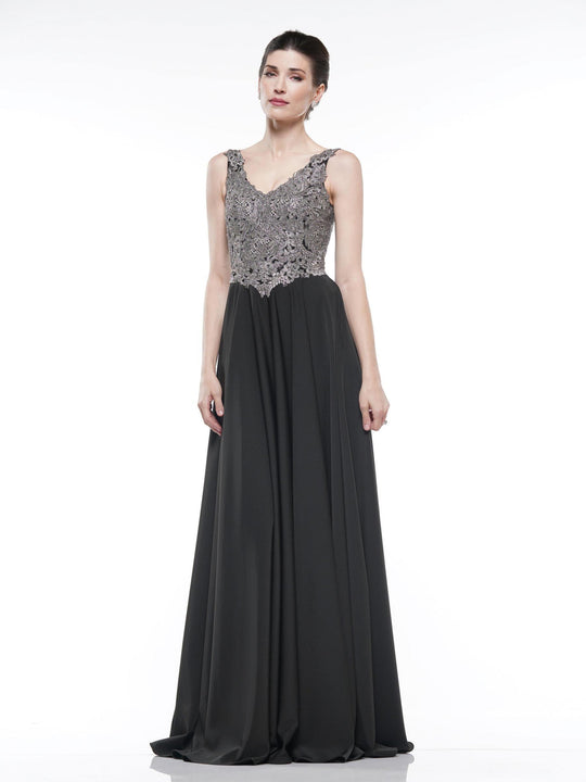 Marsoni By Colors - MV1021 Embroidered V-neck A-line Dress In Black and Silver