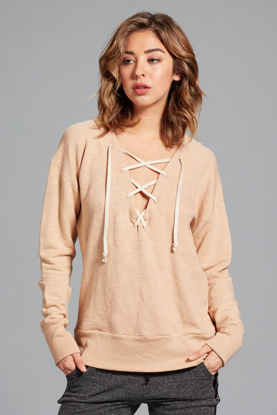Marissa Lace Up Sweatshirt- Sand