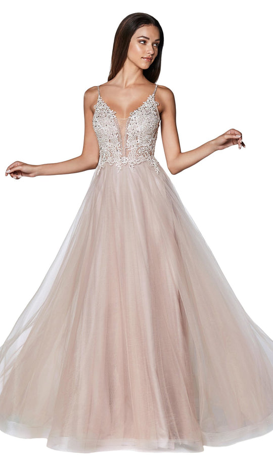 Cinderella Divine - CJ520 Jewel Studded Lace Plunging Bodice Gown In Pink
