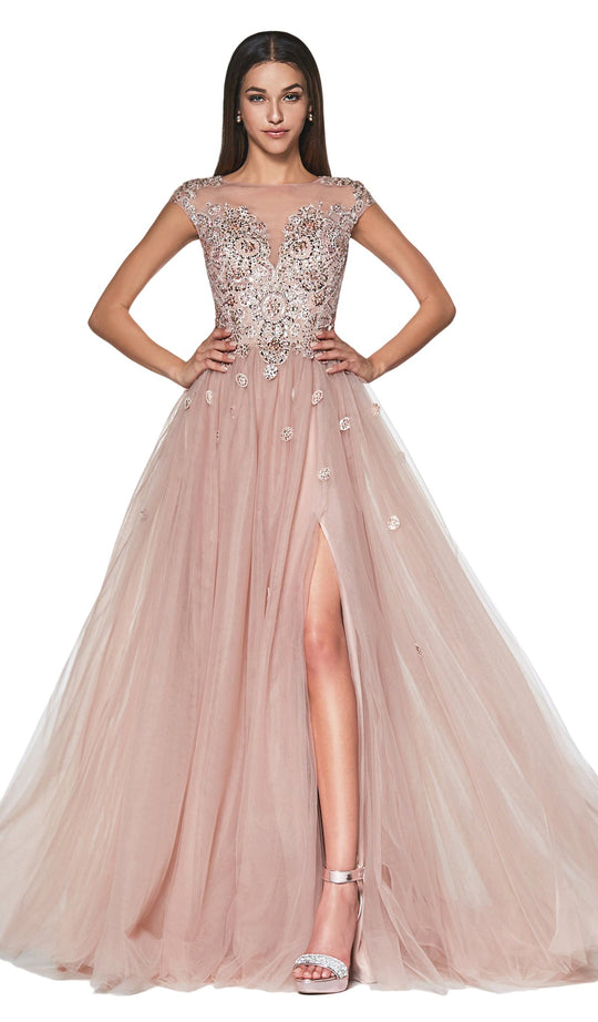 Cinderella Divine - KV1039 Beaded Lace Bateau Tulle Ballgown In Pink