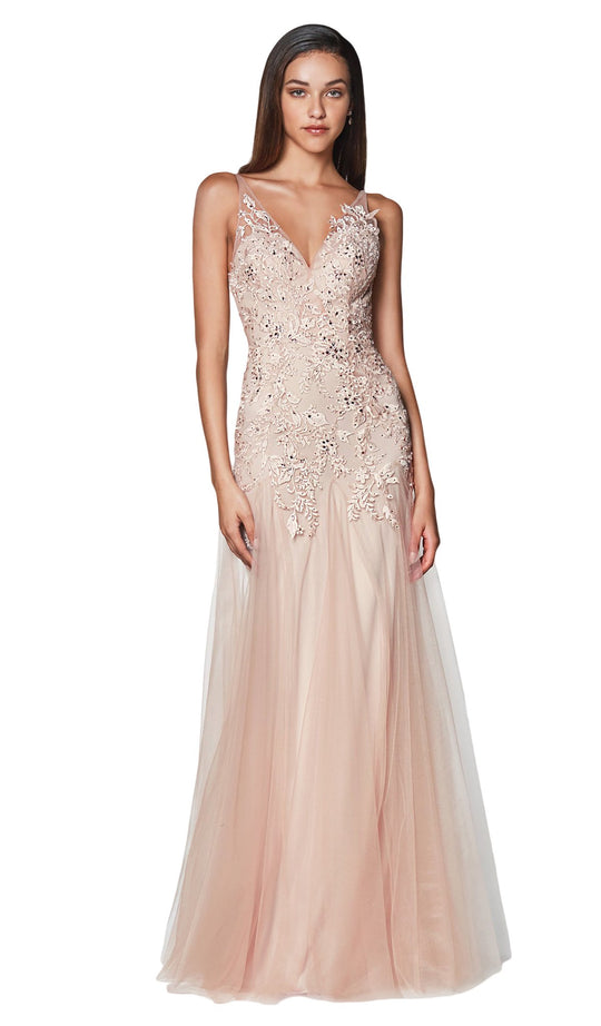 Cinderella Divine - CJ503 Lace Appliqued Trumpet Evening Dress In Pink