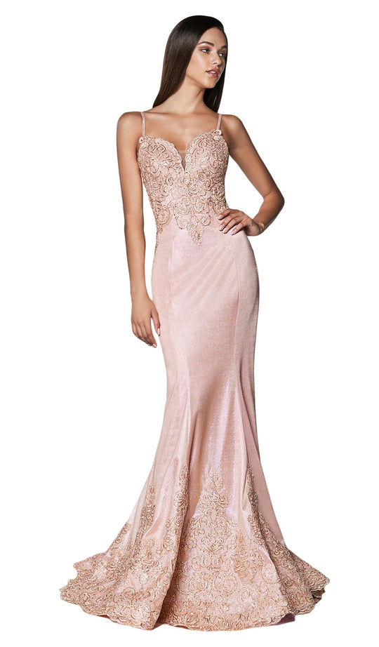 Cinderella Divine - KC889 Lace Appliqued Mermaid Dress In Pink and Gold