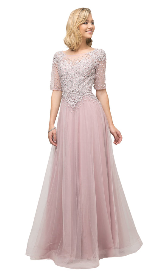 Cinderella Divine - U101 Beaded Lace Bateau A-line Dress With Train In Pink