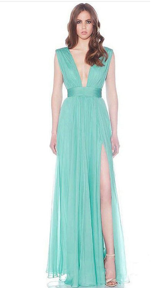 Jadore - J7100 Deep Plunge V Neck High Slit Soft Chiffon Gown In Green