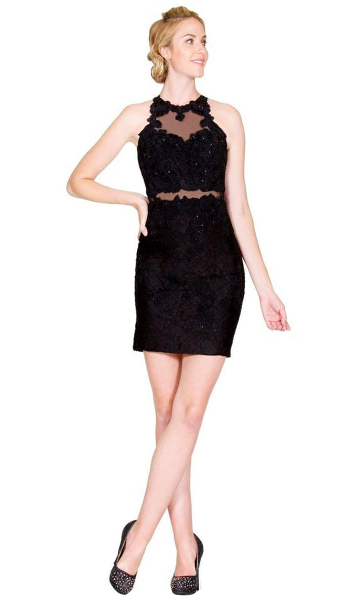 Lace Appliqued Illusion Midriff Sheath Short Formal Dress