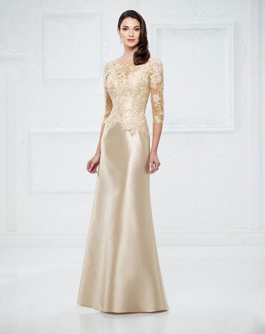 Montage by Mon Cheri - 217955 Quarter Sleeve Lace Mikado Evening Gown  in Neutral