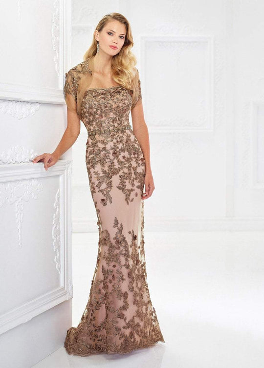 Montage by Mon Cheri Strapless Fitted Lace Sheath Evening Gown 118961 in Brown and Neutral