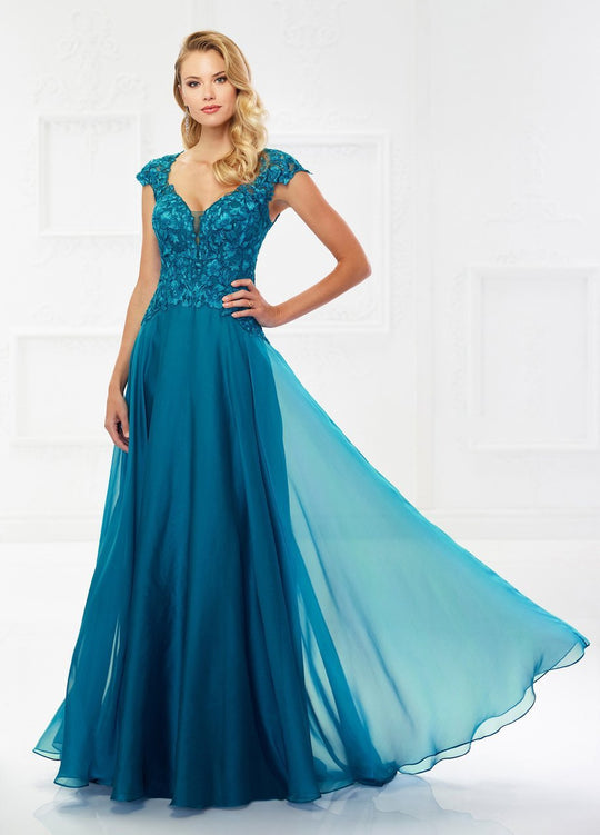 Montage by Mon Cheri - 118978 Queen Anne Chiffon A-line Gown In Blue
