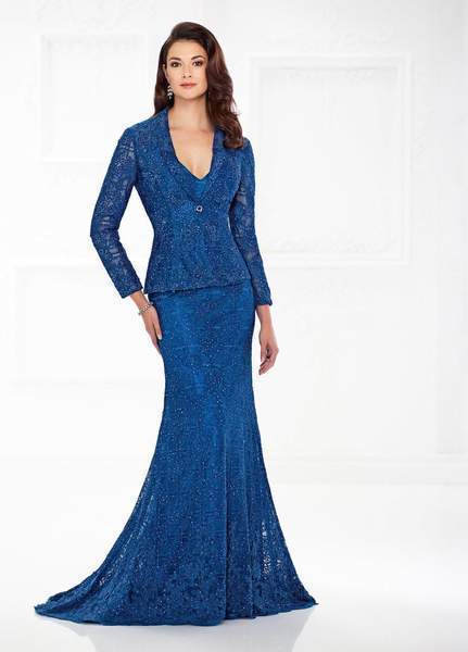 Mon Cheri - Montage by Mon Cheri - Sheath Gown with Long-Sleeved Jacket 118983 In Blue