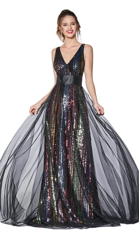 Cinderella Divine - CS033 Multicolored Sequined V-neck A-line Dress In Multi-Color