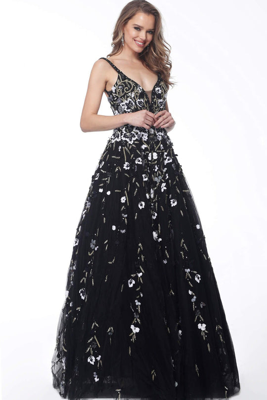Jovani - 54695 Embellished V-Neck A-line Long Dress In Black 