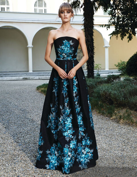 MNM Couture - Strapless Floral Embellished Gown N0126 in Black and Blue