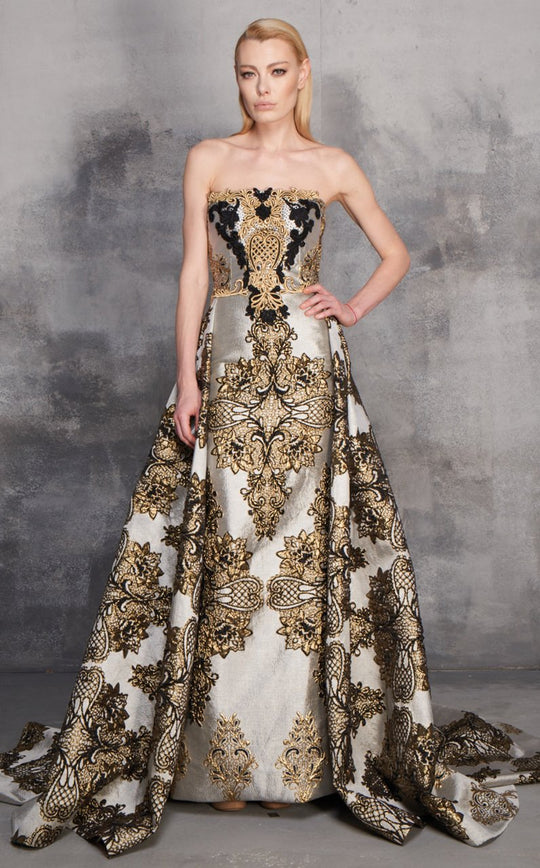 MNM Couture - N0153 Strapless Embroidered Gown with Overskirt In Gold