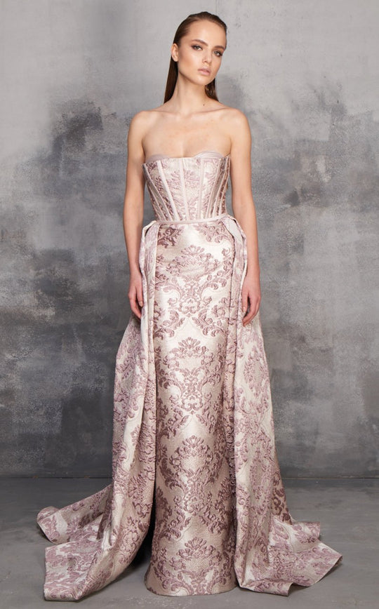 MNM Couture - N0154 Strapless Sweetheart Corset Brocade Overskirt Gown In Pink