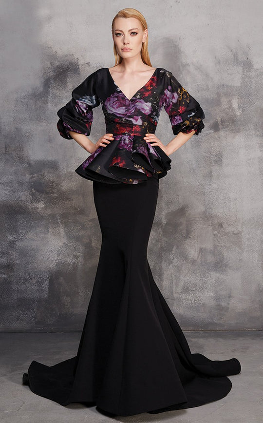 MNM Couture - N0186 Floral Ruffled Peplum Mermaid Gown In Black