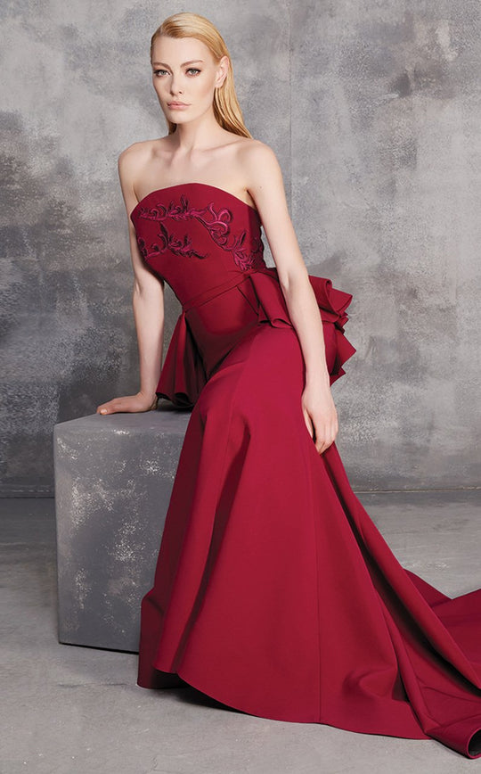 MNM Couture - N0188 Strapless Scroll Embroidered Mermaid Gown In Red