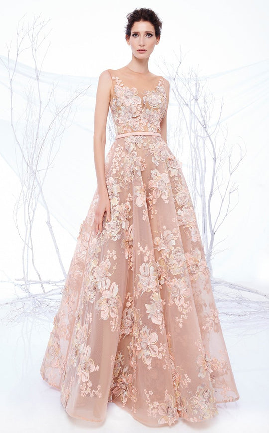 MNM Couture - N0194 Floral Embroidered Illusion Pleated Gown In Neutral