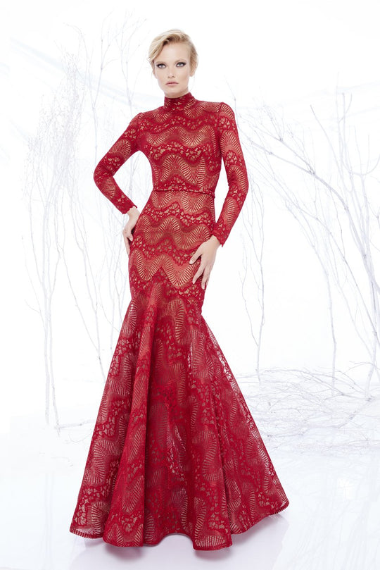 MNM Couture - N0200 Lace Applique High Neck Mermaid Dress in Red