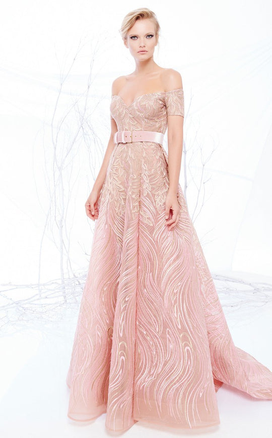 MNM Couture - N0202 Off-Shoulder Embellished A-line Gown In Gold and Neutral