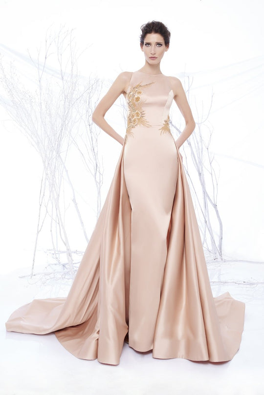 MNM Couture - N0205 Embroidered Halter Neck Gown With Train in Pink