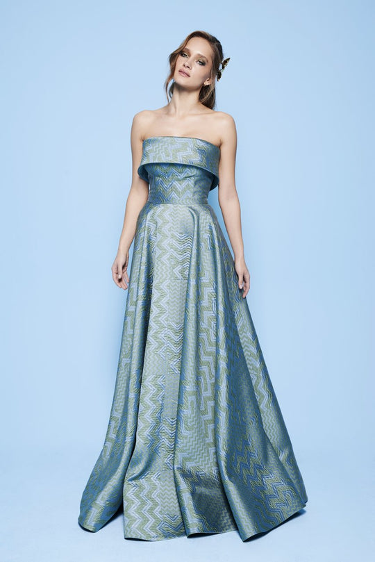 MNM Couture - N0225 Two Tone Fold Over Neck Ballgown in Blue and Green