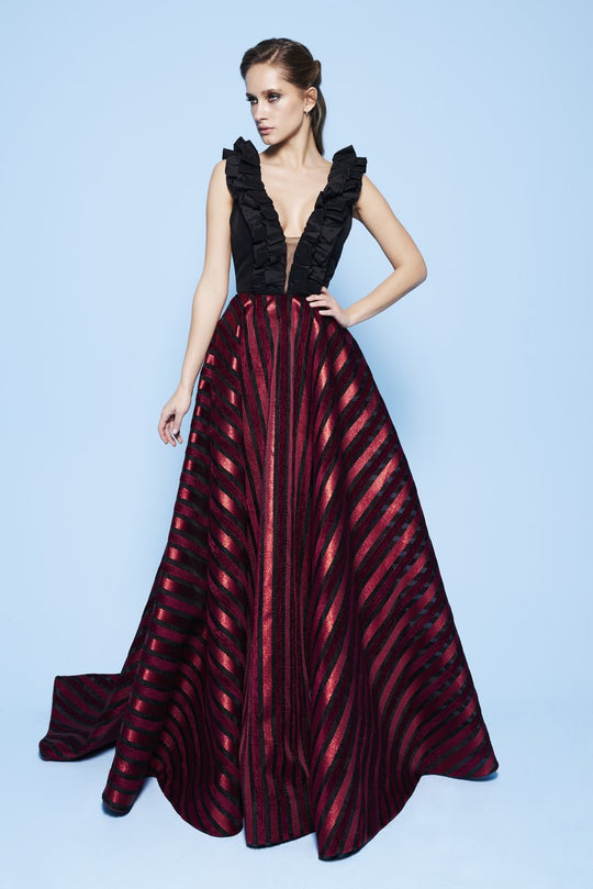 MNM Couture - N0227 Ruffled Plunging Neck Stripe A-Line Gown in Pink