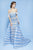MNM Couture - N0228 Off Shoulder Fringe-Trimmed Stripe Overskirt Gown in Blue and White