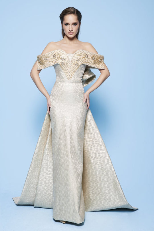 MNM Couture - N0229 Floral Beaded Off-Shoulder Column Dress in Neutral