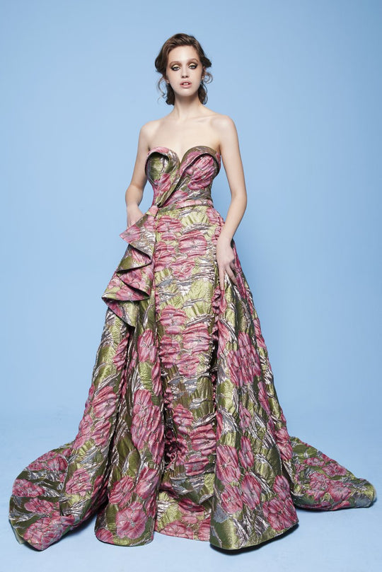 MNM Couture - N0231 Folded Strapless Sweetheart Metallic Floral Gown in Pink and Green